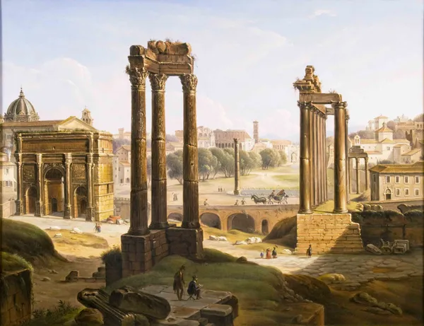 View of the Roman Forum from the Capitoline Hill, with the Temple of Saturn, Septimius Severus’ Arch, Constantine’s Arch and the Colosseum on the background, Roma