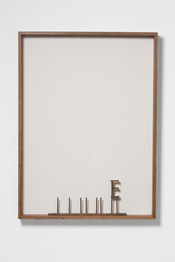 Shilpa Gupta E (LOVE) Gun metal, wood 30.5 x 22.5 x 2.5 in