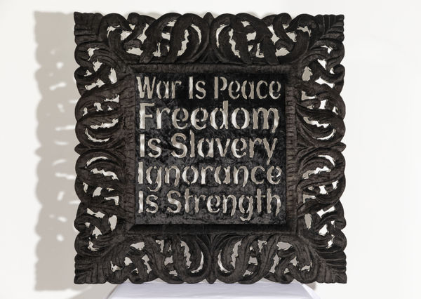 Anita Dube Motto (of our time), 2023 Wood, velvet, MDF and glue 35 x 35 in