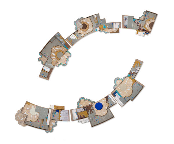 Jagannath Panda Curves and Continuum - I, 2023 Acrylic, plywood, paper mache, paper collage, pencil, glue, ink, plastic, pigment, wallpaper, sealer 78 x 72 in