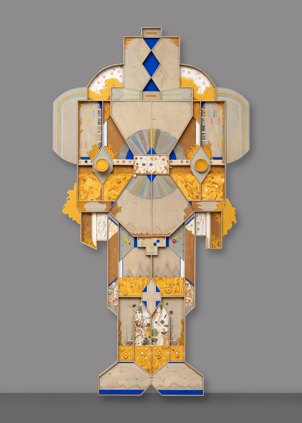 Jagannath Panda Gardener of the World - II, 2023 Acrylic, plywood, paper mache, paper collage, pencil, glue, ink, plastic, pigment, wallpaper, sealer 120 x 64.5 in