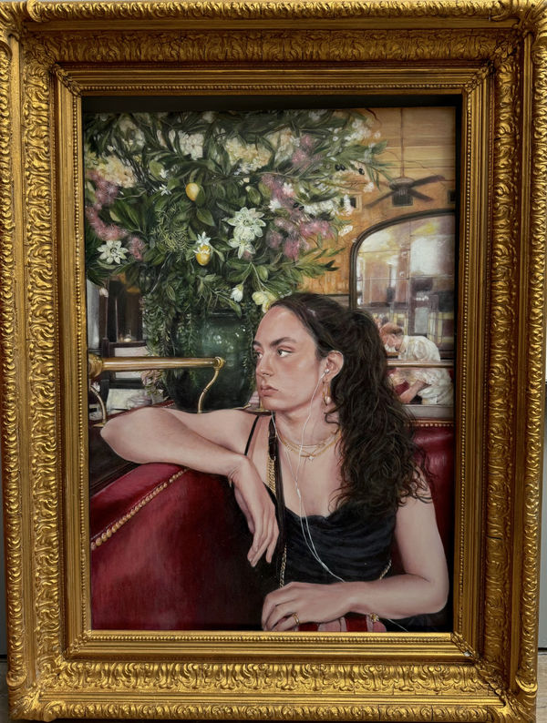 Faiza Butt Layla on Audible, 2024 Oil glazes on board mounted in antique frame 33.5 x 25.5 in