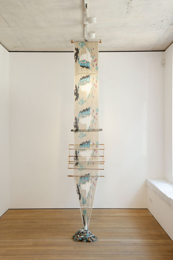 Longing: unraveled Silk and Cotton thread, steel reed, copper, brass, carved wood 300cm x 45cm 2026