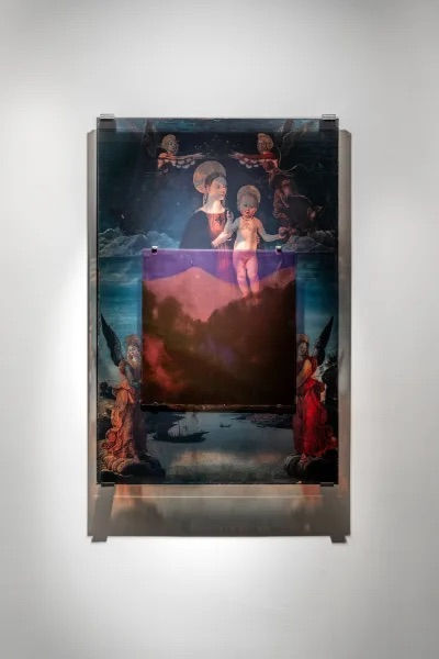 Dima Srouji Sacred Dissonance 1, 2025 Screen prints and mixed media on glass 108 x 71 cm