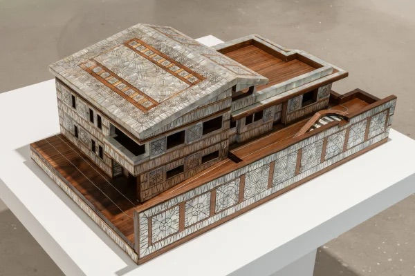 DIMA SROUJI Model of a Sacred Home, 2025 Mother of pearl inlay, local walnut wood 45 x 54 x 75 cm