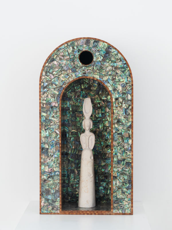 Anointed Shrines 1, 2025, Mother of pearl inlay, wood, Injasa limestone, 71 x 38 x 19 cm.
