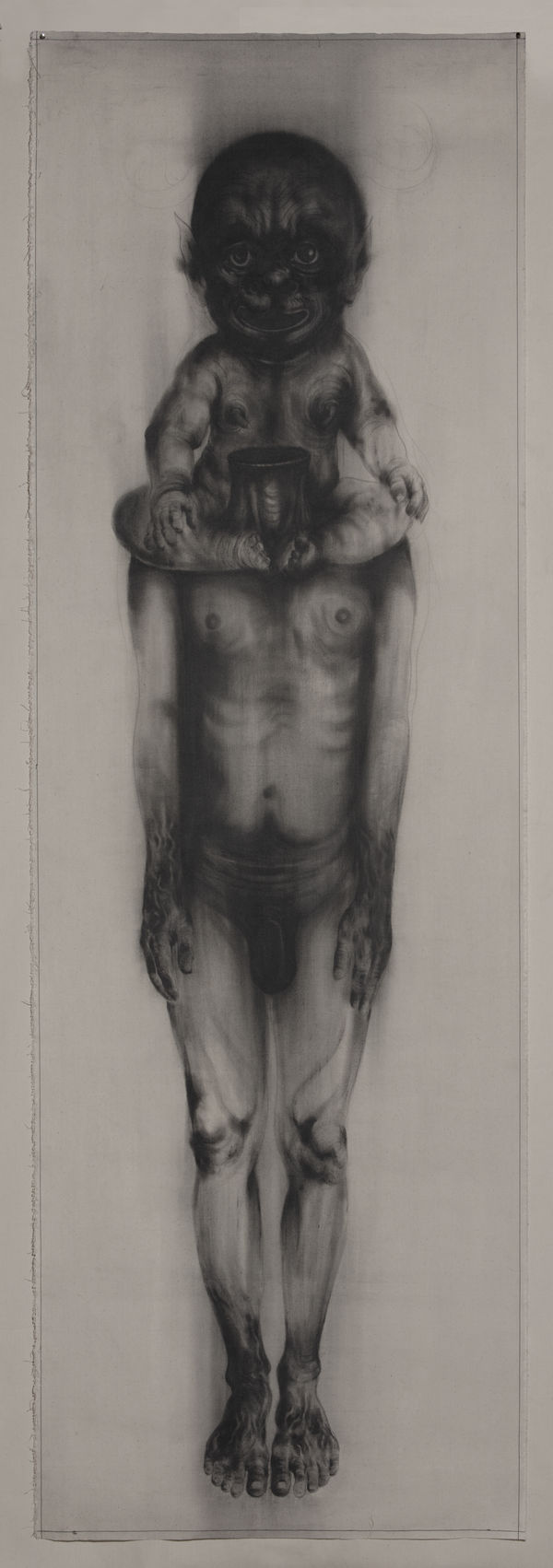 The Baby Ogre Is Standing On The Shoulders Of His Headless Father 250 X 88 Cm Graphite On Cotton