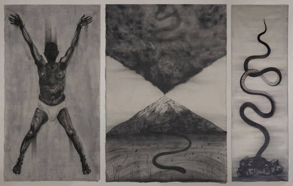 Zahhak Damavand Serpent Triptych 250 X 400 Cm Graphite On Cotton
