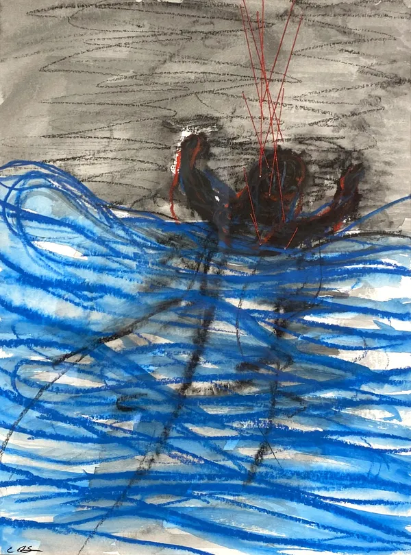 Chiharu SHIOTA In the deep 2019 Aquarelle, crayon et fil sur papier / Watercolor, pencil and thread on paper 32 x 24 cm