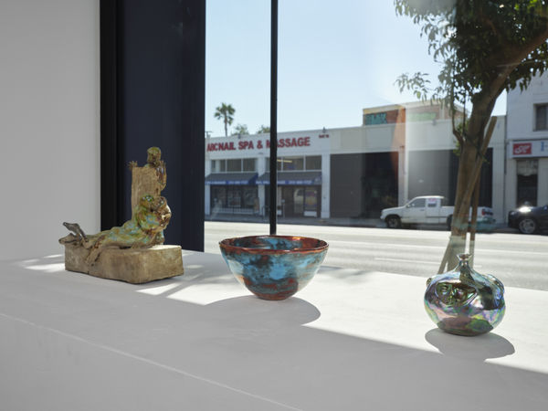 Installation view: Beatrice Wood, Coffee Break (c.1990), Beatrice Wood, Turquoise and Copper Bowl (1984), in "Fire and Life", 6 September - 25 October 2025, Charlotte Call Gallery, Los Angeles.