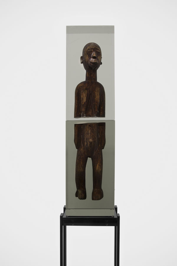 Matthew Angelo Harrison Dark Silhouette: Halves Dissimilated, 2018 Wooden sculpture from West Africa, polyurethane resin, anodized aluminum, and acrylic 38 3/4 x 9 3/4 x 6 inches
