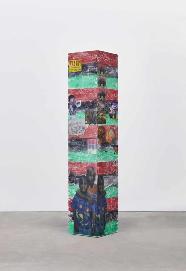 Lauren Halsey Untitled, 2022 Watercolor ink, colored pencil, collage, and hand carving on gypsum 120 x 23 1/2 x 23 1/2 inches