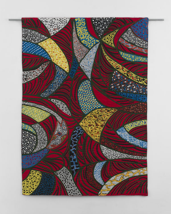 Pacita Abad To Paint with Someone, 1990 Acrylic, plastic buttons, and mirrors on silk-screened, stitched, and padded canvas 81 x 57 inches