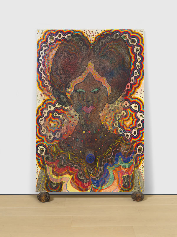 Chris Ofili Blind Eyes Shining Black, 1999 Oil, acrylic, paper collage, glitter, polyester resin, map pins, and elephant dung on canvas 76 1/2 x 48 x 5 1/4 inches