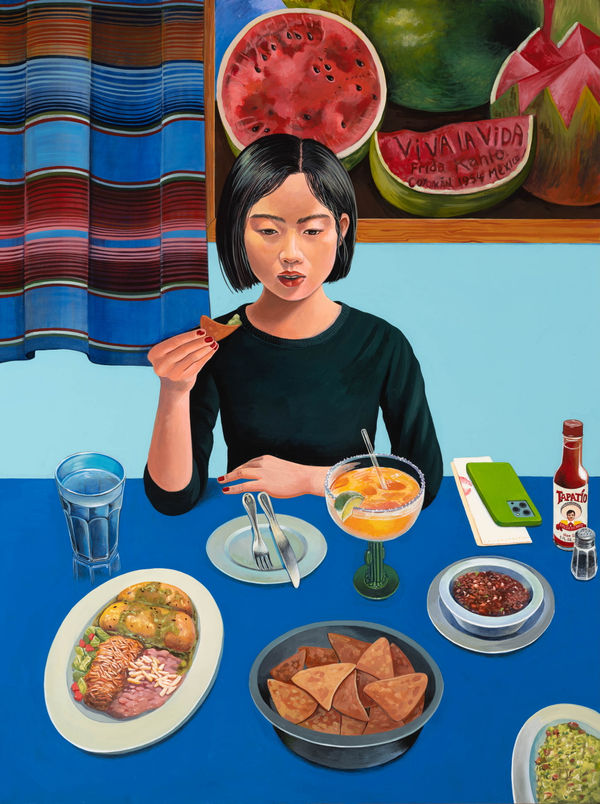 Sally J. Han At Lupe's, 2022 Acrylic on paper mounted on wood panel 48 x 36 inches