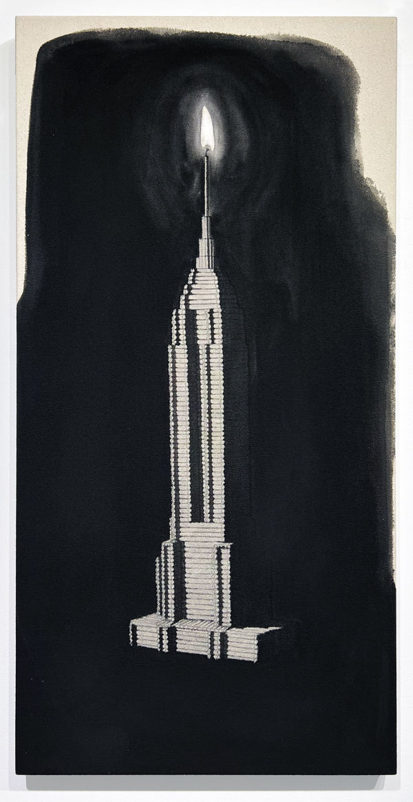 black and grey toned painting on raw canvas