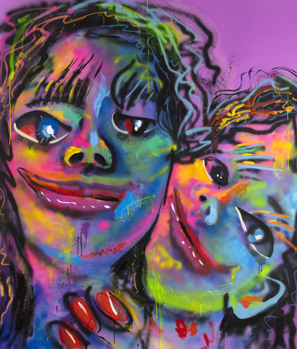 two heads painted in abstract and vibrant colors