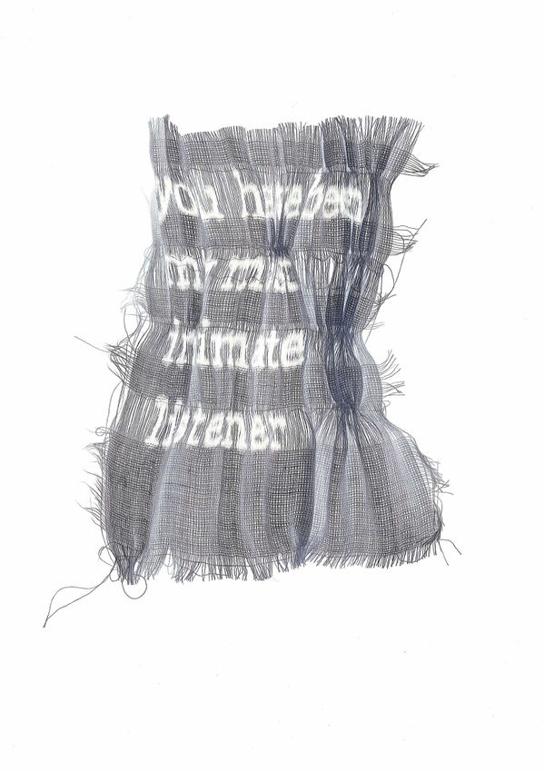 Suzanna James You have been my most intimate listener - Response to bell hooks, 2022 Thread Pulling on muslin, surface pattern, photography A4 (21 x 29.7 cm)