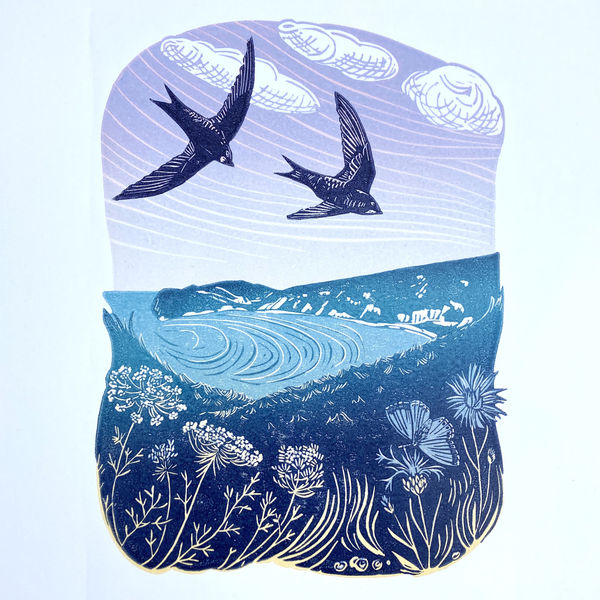 Lulworth from Peplar's Point by Rebecca Drury Linocut