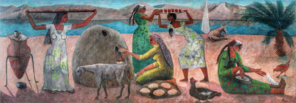 Omar Abdel Zaher Riverbank Revelry, 2014 oil on canvas 90 x 250 cm, signed & dated