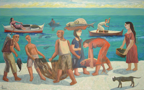 Omar Abdel Zaher Fisherman's Catch, 2021 oil on canvas 100 x 200cm, signed & dated