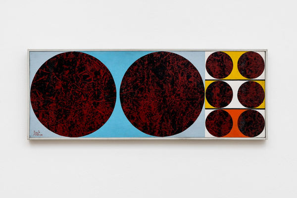 Anwar Jalal Shemza, 8 maroon discs, 1963-1969, Oil on hardboard in artist's frame, 24 x 65.5 cm, 9 1/2 x 25 3/4 in, Framed: 25.5 x 67 cm, 10 1/8 x 26 3/8 in