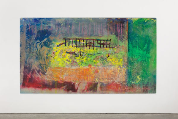 Frank Bowling, Witness, 2018, Acrylic paint and acrylic gel with plastic additions on collaged canvas, 172.6 x 313.8 cm, 68 x 123 1/2 in