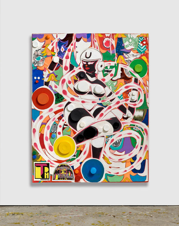 Trenton Doyle Hancock, Undom Endgle, Striped Goddess, Enhanced Soul, Slayer of Wolves, 2018, Acrylic with mixed media on canvas, 122.5 x 95.5 x 5.5 cm, 48 1/4 x 37 5/8 x 2 1/8 in