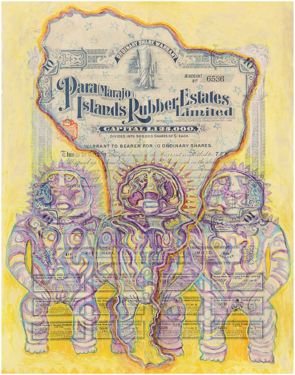 Hew Locke, Para (Marajo) 3, 2013, Acrylic on antique paper share certificate, 46.5 x 36.5 cm, 18 1/4 x 14 3/8 in, Framed: 53.5 x 43.2 x 4.1 cm, 21 1/16 x 17 x 1 9/16 in