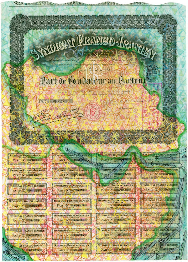 Hew Locke, Syndicat Franco Iranien, 2014, Acrylic on antique paper share certificate, 43.7 x 31.2 cm, 17 1/4 x 12 1/4 in, Framed: 51 x 39 x 4.2 cm, 20 1/8 x 15 3/8 x 1 5/8 in