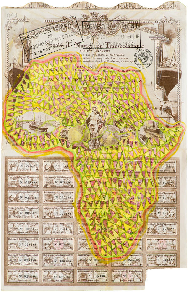 Hew Locke, Sociéte de Navigation Transocéanique 1, 2014, Acrylic on antique paper share certificate, 44.5 x 29.5 cm, 17 1/2 x 11 5/8 in, Framed: 52 x 36.7 x 4 cm, 20 1/2 x 14 1/2 x 1 5/8 in