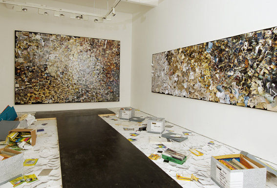 Tomoko Takahashi, Abstract No. 1 & 2 (Installation View), 2007, Photographs on salvaged panels, Installation at the Hales Gallery London, Variable dimensions