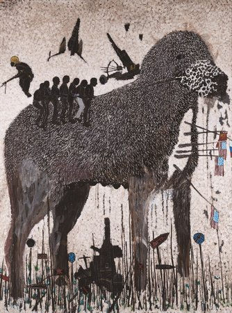 Omar Ba, Droit de Veto 1, 2012, Oil, gouache, ink, and pencil on corrugated carton, 210 x 150 cm, 82 5/8 x 59 1/8 in, Framed: 224 x 172 x 9 cm, 88 1/4 x 67 3/4 x 3 1/2 in