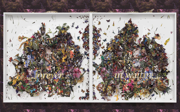 Ebony G. Patterson, ...pink...red...striped...carnations..., 2021-2022, Digital print on archival watercolour paper with hand-cut and torn elements, construction paper, plastic, feathers, resin, and acrylic mounted on wallpaper in two (2) parts