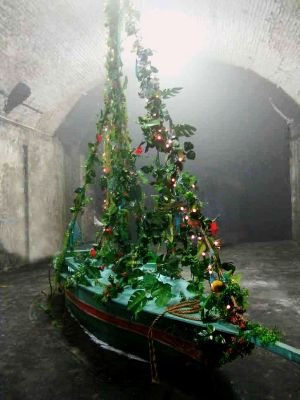 Hew Locke, Adrift, 2012/2013, Wood, metal, artificial foliage, fairy-lights, fabric, 662 x 636 x 180 cm, 260 5/8 x 250 3/8 x 70 7/8 in