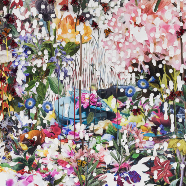 Detail of Ebony G. Patterson, …below the crows, a blue purse sits between the blades, shoes among the petals, a cockerel comes to witness…, 2019