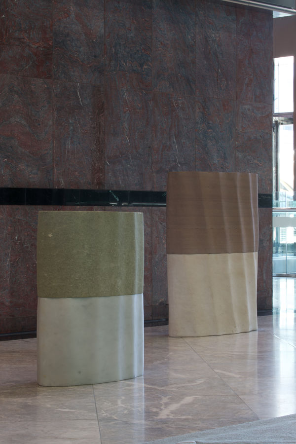 (l) The Hurdcott Stone, 2012 Wiltshire sandstone and Carrara marble 77 x 66 x 30 cm (r) North South, 2013 Cumbrian sandstone 'St Bees' and Portland limestone 104 x 86 x 35 cm Photo © Heini Schneebeli / Bridgeman Images