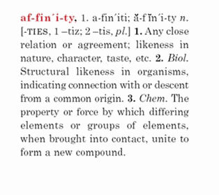 A block of text with the dictionary definition of the word "affinities."