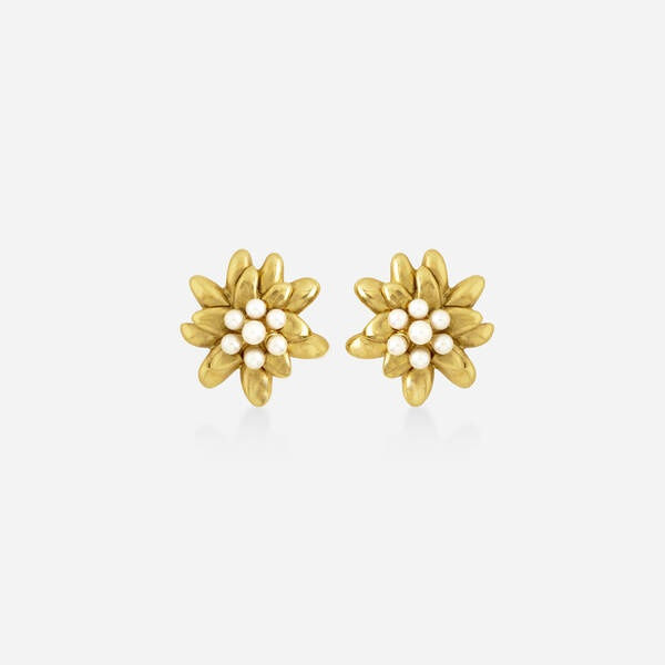 Janet Mavec 18K Gold and Cultured Pearl Dahlia Earrings