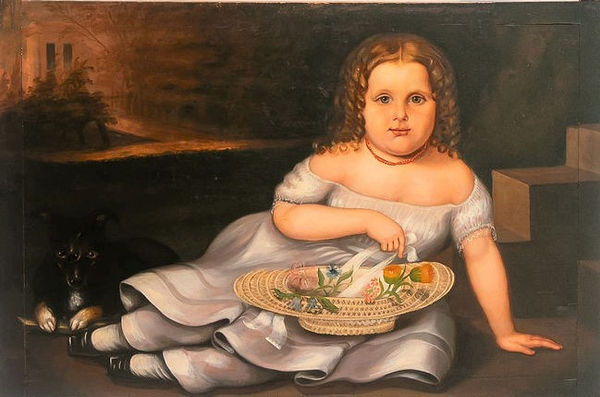 American A Young Girl, Her Dog and a Hat of Flowers in an Arcadian Landscape, American, c. 1835