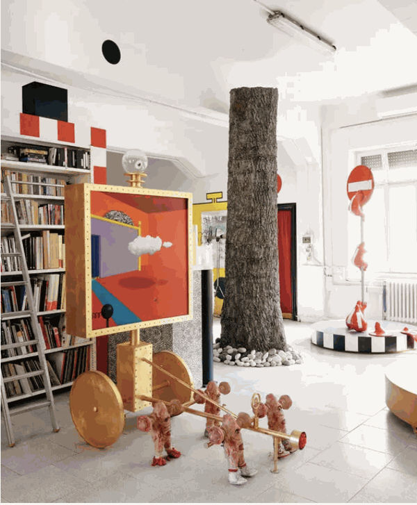 from the left: Luigi Serafini, "The Very Last Fly in a Red Room", oil painting supported by a golden chariot, 2020. Luigi Serafini, "Last (Interrupted) Attempt to Recreate the Tree of Life", resin, 2014. "It Is Forbidden to Forbid", resin, 2018.