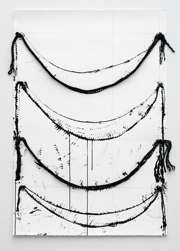 Lynne Tobin Attachments 2023 ink and rope on paper 42”H x 32”W | 106.5 cm x 81.25 cm