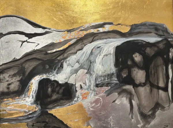 Anne Leith | Gold Waterfall | 2024 | Oils, gold and silver metal leaf on board | 24 X 36 In