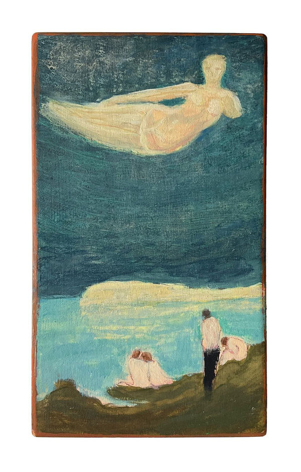 Heidrun Rathgeb The Visitor / Himmelwarts, 2022 Egg Tempera on linen over wood 7.75 x 4.5 inches