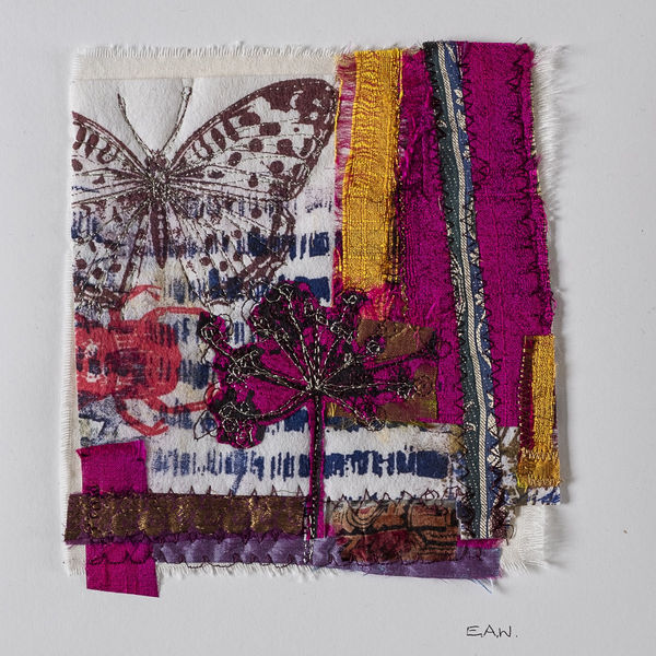buy textile art artist original Elaine Wilson Glasgow School of Art mixed media framed textile art embroidery stitch Magenta Butterfly