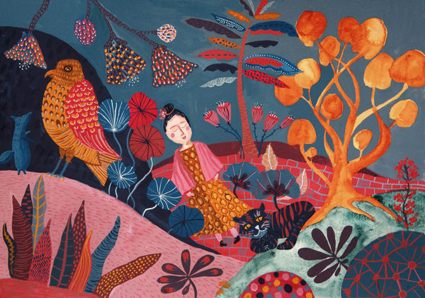 buy art artist Bo Gort Indigo Snow Ullapool Highland Scotland NC500 fairytale folklore myth legend fantasy folk art naive dreamworld liminal exhibition stars roots and feathers gouache and watercolour on paper what we fail to notice