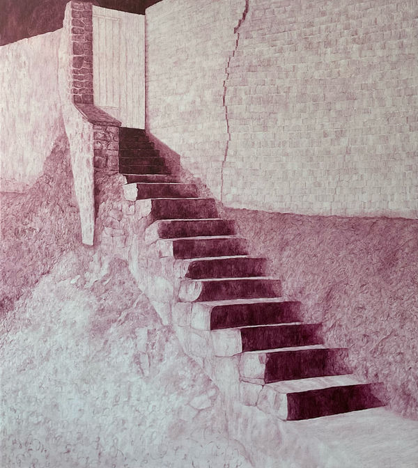 Rosa verk av Maria Hall föreställande en trappa