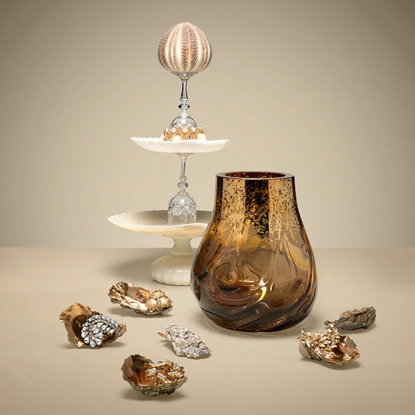 glasverk, ostron, guld, brun