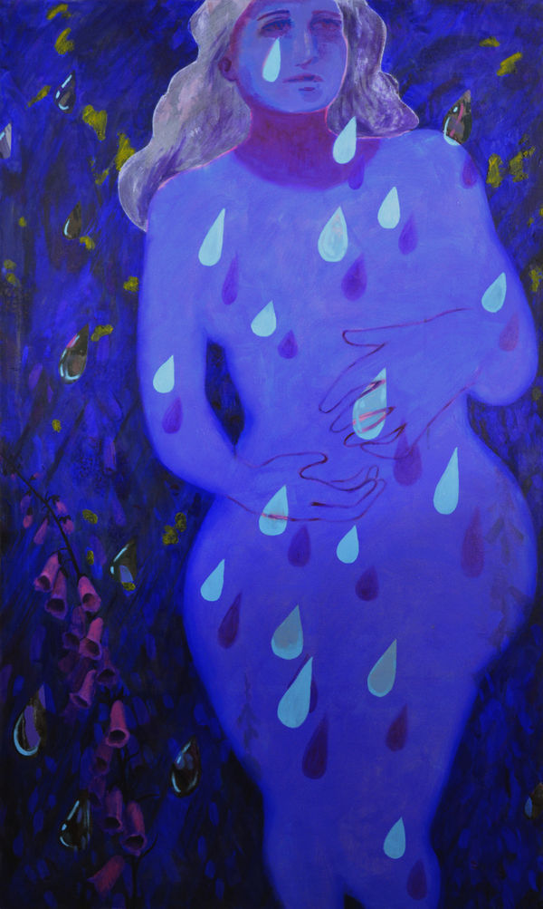A painting of a nude female figure in shades of blue, with large raindrops patterned across the canvas.