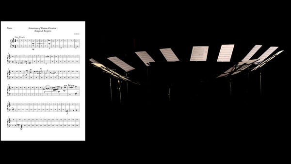 13 music stands, with 13 instruments' sheet music are spotlit. The background is totally Black. They move through 13 different photographic arrangements that make the music stands appear anthropomorphic as if an orchestra themselves. To their left a digit